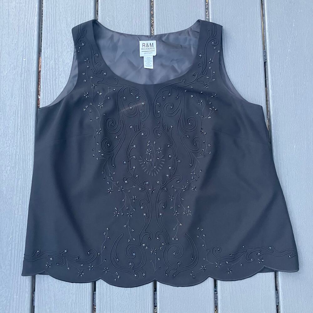 Black beaded tank top with scalloped hem, boho whimsigoth fairycore